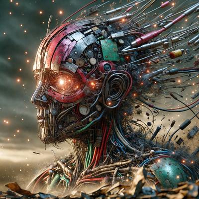 The primary subject of the image is a futuristic robot with a human-like head. The robot has a mix of red, green, and silver colors, giving it a unique and intriguing appearance. The setting is a cloudy sky, which adds to the overall atmosphere of the image. The visual style is a combination of digital art and illustration, creating a striking and imaginative scene. The colors and mood of the image are both vibrant and mysterious, inviting the viewer to explore the world of the robot further.